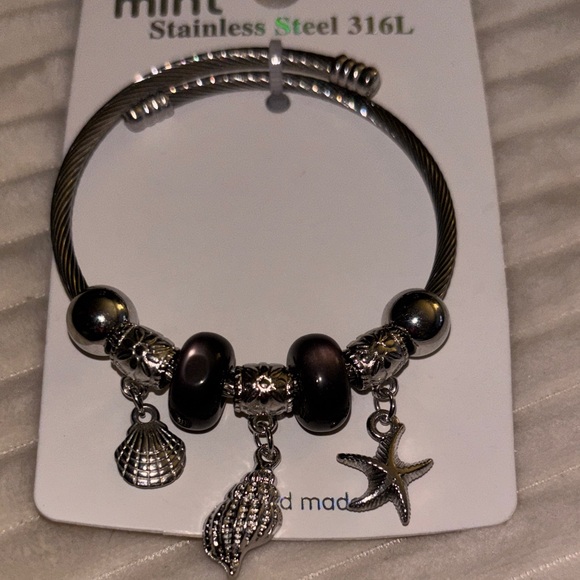 Mint Jewelry - Mint Silver Tone Cable Charm Bangle with Dark Brown Glass Beads